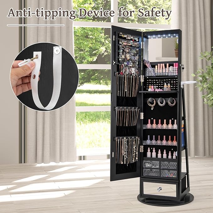 GOFLAME 360 Rotating Jewelry Cabinet with Full Length Mirror, Standing LED Jewelry Armoire, Lockable Jewelry Organizer with Hair Dryer Rack, Back Storage Shelves, Inner Makeup Mirror, Black