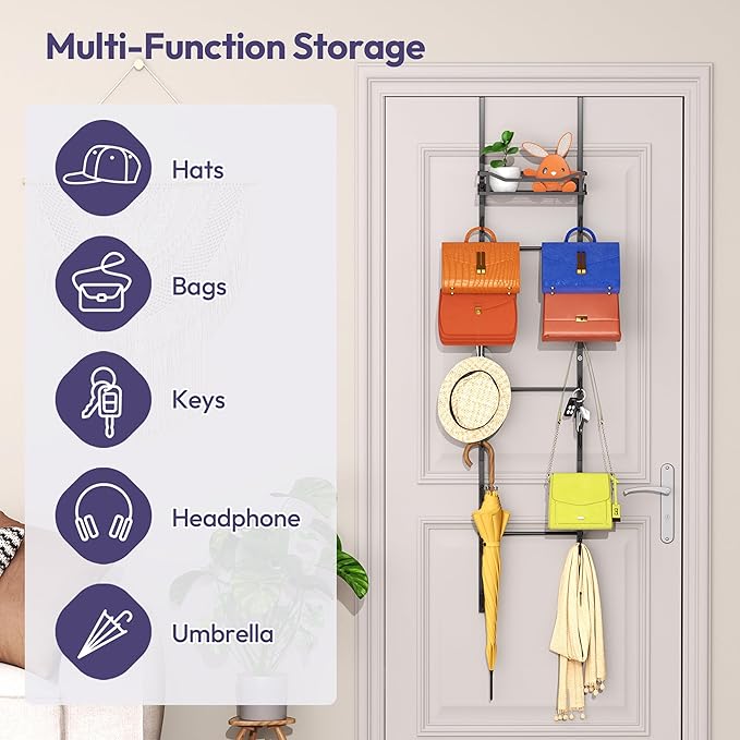 SWTYMIKI Over The Door Purse Organizer - Wall Mounted Purse Rack with 16 Hooks and Metal Basket, Hanging Handbag Storage Organizer Holds up to 16 Bags, Bag Rack Can Use As 1/2 Part, for Door, Closet