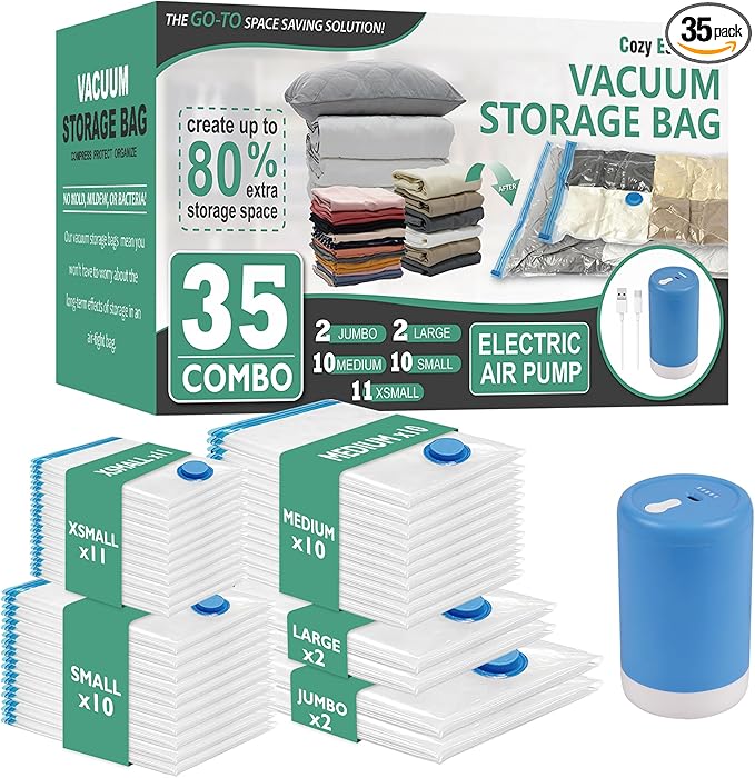 Cozy Essential 35 Pack Vacuum Storage Bags with Portable Rechargeable Wireless Portable Electric Pump, Vacuum Seal Space Saver Bags for Clothing, Pillows, Blanket, Bedding, Comforters