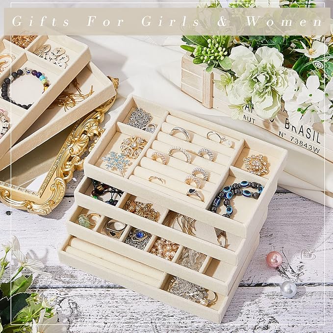 Junkin 18 Pcs Velvet Jewelry Tray Stackable Jewelry Drawer Organizer Jewellery Box Divided Display Tray for Earring Bangle(Beige)