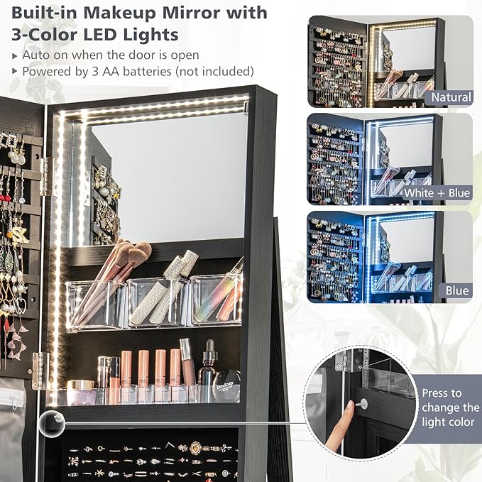 CHARMAID 360° Swivel Jewelry Armoire with Full Length Mirror, Rear Storage Shelves, Lockable Standing Jewelry Cabinet Organizer with Interior Vanity Mirror and 3-Color Lights (Black)