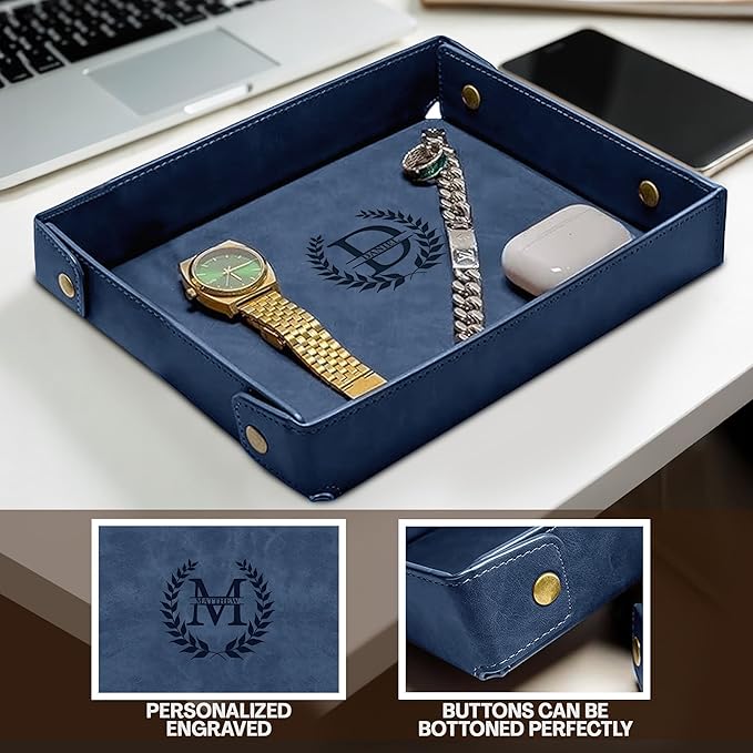 Engraved Leather Valet Tray for Men – Personalized Catchall with Custom Name for Desk, Dresser, Nightstand – Men's Organizer Tray for Keys, Wallet, Jewelry, Personalized Gift for Home, Office - Blue