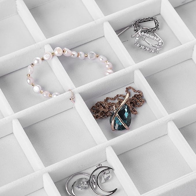 Frebeauty Velvet Jewelry Tray,24 Grid Jewelry Organizer with Clear Lid,Earring Holder Organizer with Clasp,Drawer Insert Rings Pendants Brooches,13.8 x 9.5 x 2 Inches,Gift for Women Girls(White)