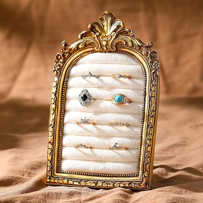 Vintage Ring Holder Arch Gold Ring Wedding Display Suede Jewelry Box Stand Frame Earring Tray Anniversary Engagement Baroque Organizer Photograph Prop for Women Birthday Christmas Gift