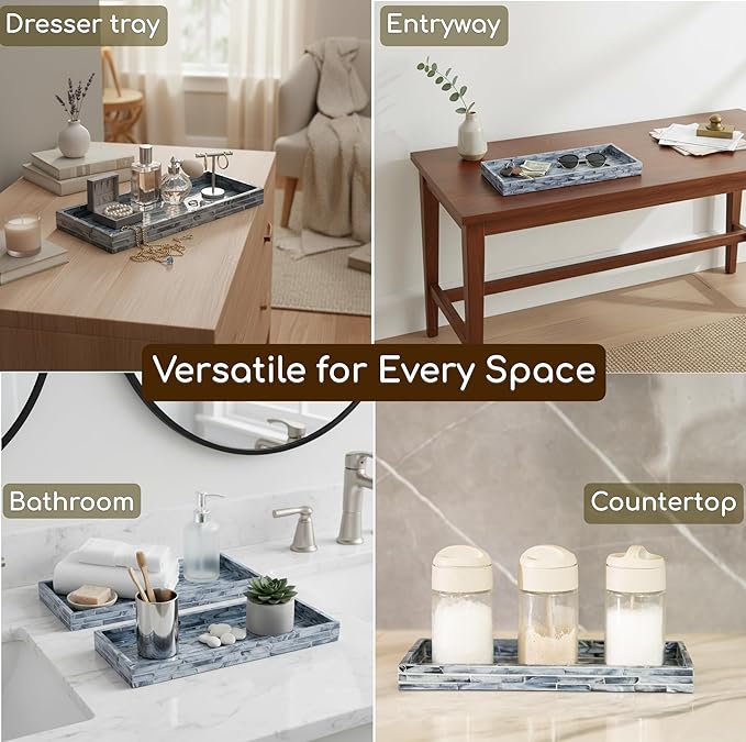 PEMAR Blue Mother of Pearl Tray Set of 2 – Handcrafted Decorative Vanity & Countertop Organizer for Bathroom, Entryway, Coffee Table – Elegant Home Decor Accent, 11.8" Lx5.1 Wx1 H