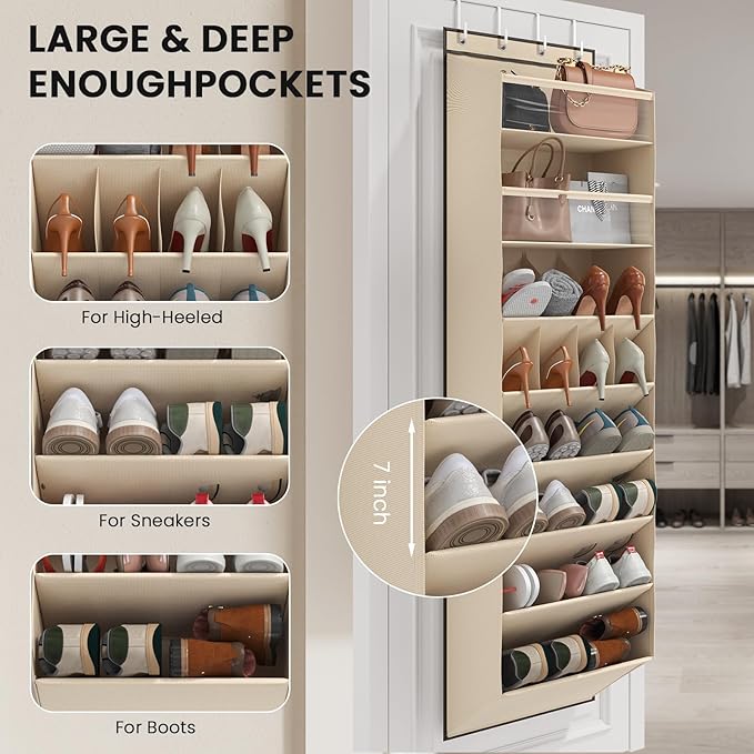 8 Tier Clear Over the Door Shoe Organizer with Deep Pockets, Door Shoes Rack with hard Cardboard and Tubes to Keep the Shape, Hanging Shoe Rack for Closet Organizers, Shoe Holder Beige