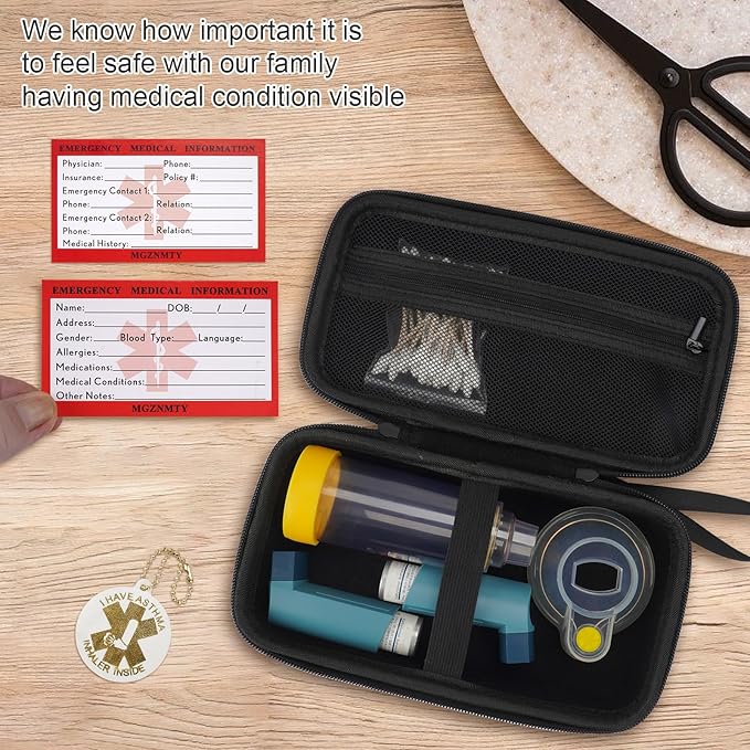 MGZNMTY Travel Carrying Case Compatible with Asthma Inhaler Spacer for Adults and Children, Masks, Inhaler Holder with Asthma Alert Tag and Medical Card, Carabiner (Only Case) (Black)