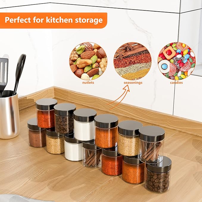 ihomecooker 84PCS 4oz/125ml Small Plastic Jars with Screw On Black Lids Seal Stickers Bottle Lid,Clear Container for Storing Dry Food,Spice,Lotion, Cosmetic, Slime, Honey Jam, Cream, Butter