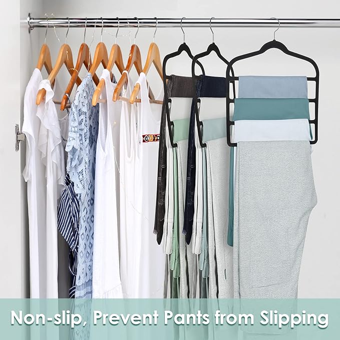 Velvet Hangers Space Saving Non Slip Pant Velvet Hangers, DUDUCOFU 6 Pack Black Multi Layer Clothes Hangers Closet Organizer for Pants Trousers Scarf