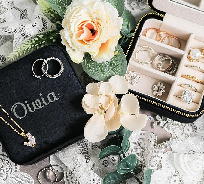 Customizable Compact Velvet Jewelry Box with Mirror, Travel Jewelry Case, Travel Jewelry Organizer, Jewelry Box for Women and Girls, Small Jewelry Organizer (Center Text, Black)