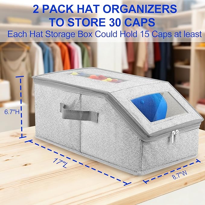 Hat Organizer for Baseball Caps,2PCS Stackable Hat Storage Box with Clear Window Lid, Space-Saving Box for Closet