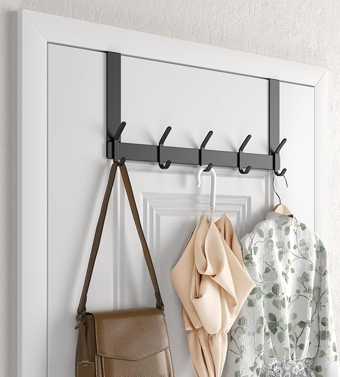 KitchLife Over The Door Hooks Hanger with 7 inches Extended Arms, Fit for 1-3/4" Doors, J18U, Thickened Bathroom Towel Rack Organization, 1 Pack Double-Hook, Matte Black