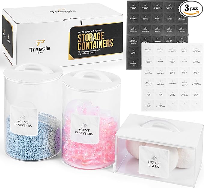 Laundry Pod Storage Container Set | Two 3L Glass Jars & One Acrylic Dryer Sheet Container with Bamboo Lids – Includes 2 Scoops, 60 Waterproof Laundry Labels – Dishwasher Safe