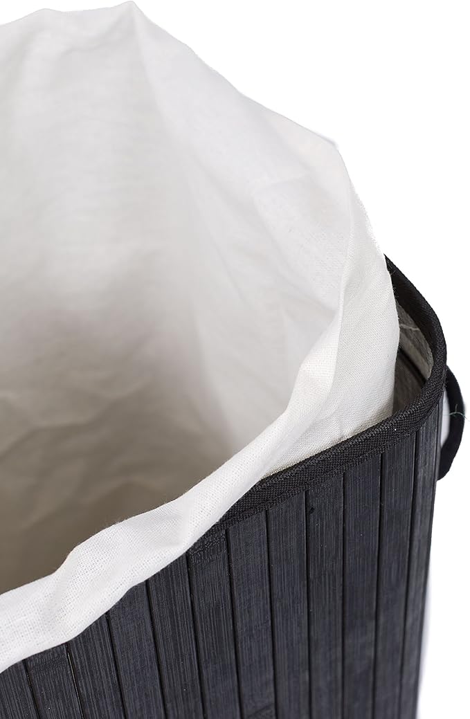 BIRDROCK HOME Double Laundry Hamper with Lid and Cloth Liner - Bamboo - Black - Easily Transport Laundry Basket - 2 Section Collapsible Hamper - String Handles