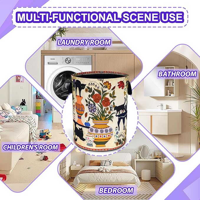 Black Cat Flowers Laundry Basket Floral Vase Art Oxford Cloth Laundry Hamper Funny With Handle Foldable Portable Clothes Storage Basket 18.9 X 16.5 In Storage Bag For Laundry Room/Bathroom/Bedroom