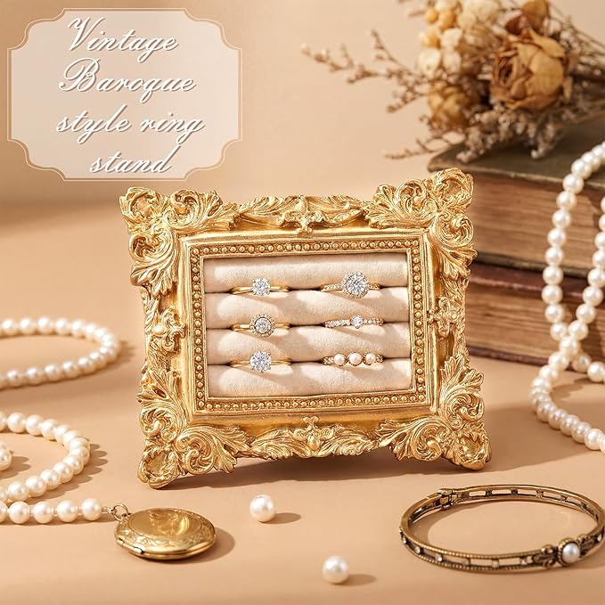 Vintage Ring Holder Wide Gold Ring Wedding Display Suede Jewelry Box Stand Frame Earring Tray Anniversary Engagement Baroque Organizer Photograph Prop for Women Birthday Gifts
