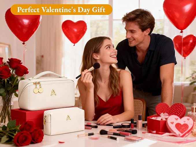 Valentine's Day Gifts for Women Teen Girl, Personalized Initial Makeup Organizer Bag Set, Open Flat Travel Cosmetic Bag With Clear Divider and Handle(Beige,O)