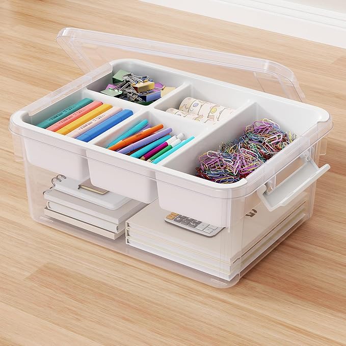 20Qt Stackable Storage Bin with Lid & Tray, Clear Plastic Latching Box Organizer with Divider Portable 5Gal Container for Arts & Crafts, Home and Car Trunk Organization, 1Pack
