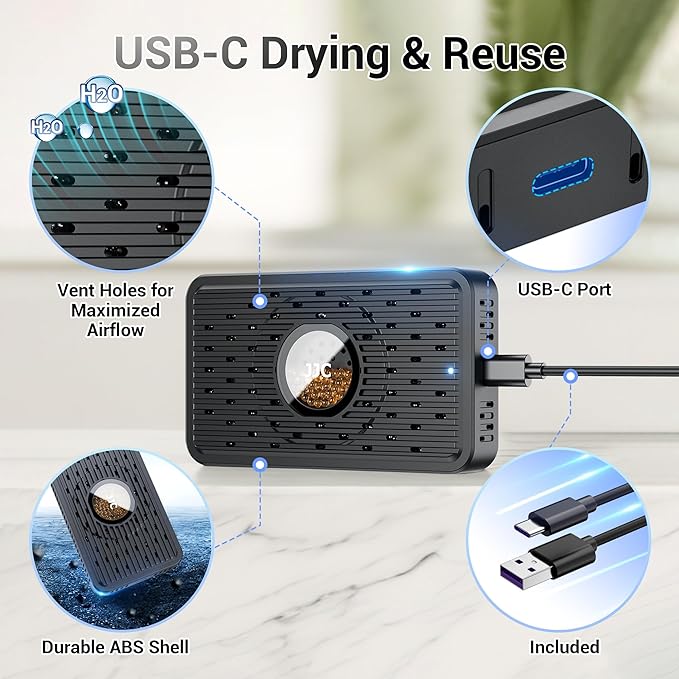 Rechargeable Desiccant Dehumidifier for Storage with USB-C Cable,Reusable Portable Moisture Absorber Dryer Silica Gel Beads for Gun Safe Camera Lens Filter Electronics 3d Printer Filaments Instrument