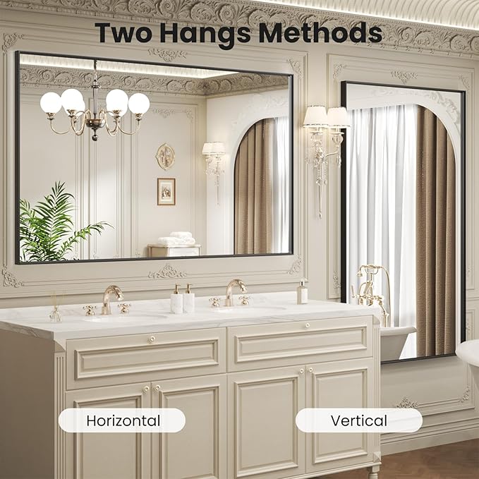 LOAAO Black Bathroom Mirror 60"X40" for Wall, Rectangle Bathroom Vanity Mirror, Tempered Glass, Hangs Vertically or Horizontally, Easy to Install, Modern Design