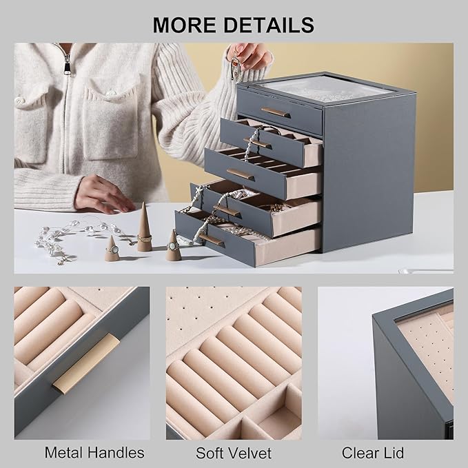 Frebeauty Clear Lid Jewelry Box,5-Layer Jewelry Organizer with Drawer,PU Leather Jewelry Organizers and Storage,Jewelry Boxes for Women,Jewelry Storage for Rings Earring Stud,Gift for Women(Grey)