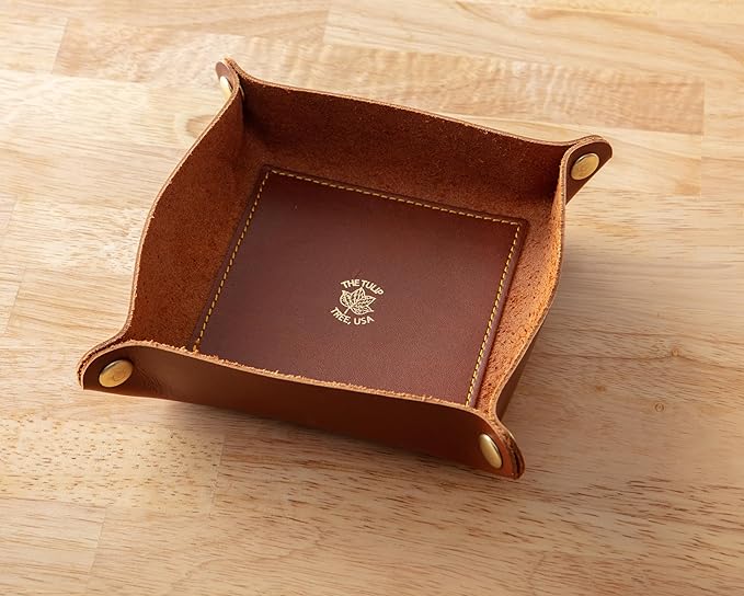 USA Handmade Premium Leather Valet Tray, Folds Flat! Dice Rolling Basket and Organizer with Brass Snaps (Chestnut Gold, Medium)