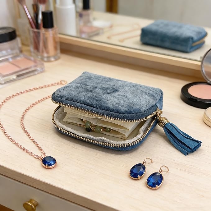 Small Travel Jewelry Case - Jewelry Travel Organizer Bag with Tassel Zipper for Bracelets, Necklaces, Bangles, Jewelry Organizer Storage Bag Gift for Women Girls LJB001-Peacock Blue