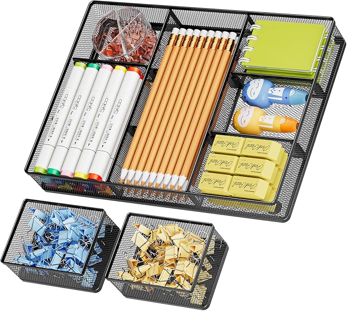 Marbrasse 3 Packs Desk Drawer Organizers, Metal Mesh Dividers Desk Drawer Organizer Tray with 9 Adjustable Compartments, Pen Organizer for Drawer Tray Box Accessories for Desktop,Kitchen, Makeup