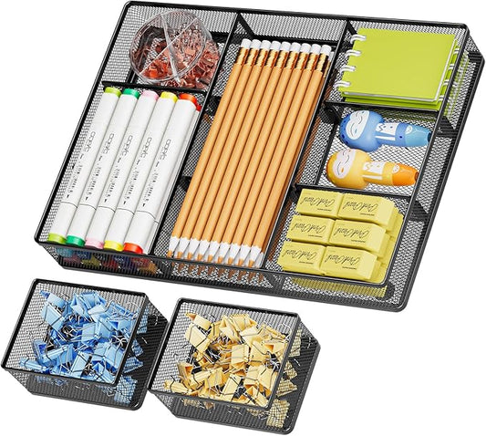 Marbrasse 3 Packs Desk Drawer Organizers, Metal Mesh Dividers Desk Drawer Organizer Tray with 9 Adjustable Compartments, Pen Organizer for Drawer Tray Box Accessories for Desktop,Kitchen, Makeup
