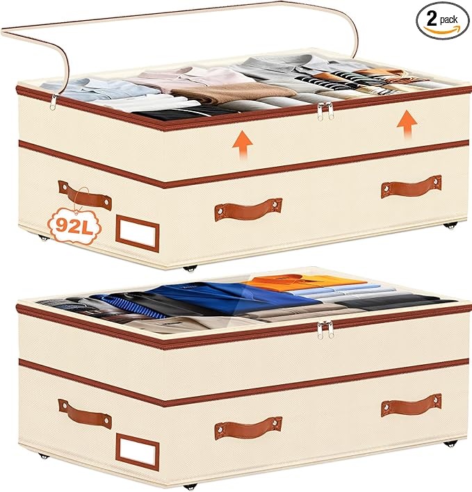 Dolicer 2 Pack Under Bed Storage with Wheels, 6in-10in Height Adjustable Underbed Storage Containers, 92L XXXL Under Bed Drawers Rolling Bin with Clear Lids for Dorm Shoes Clothes Organizers(Beige)