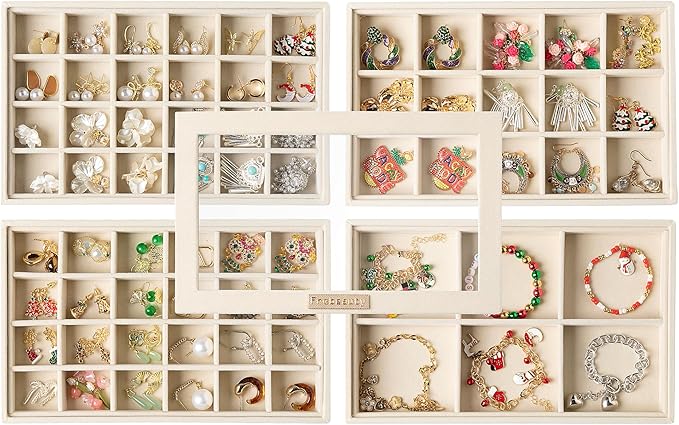 Frebeauty Stackable Jewelry Trays with Lid,Velvet Earring Organizer Tray,5-in-1 Jewelry Organizer for Drawer Vanity Dresser,Jewelry Storage for Studs Bracelets,10.5 x 6.5 x 5.55 Inches,Gift for Women
