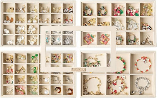 Frebeauty Stackable Jewelry Trays with Lid,Velvet Earring Organizer Tray,5-in-1 Jewelry Organizer for Drawer Vanity Dresser,Jewelry Storage for Studs Bracelets,10.5 x 6.5 x 5.55 Inches,Gift for Women