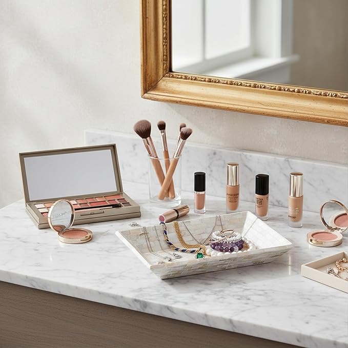PEMAR 12"x7" Mother of Pearl Decorative Tray with Raised Edge for Coffee Table Perfume Living Room Kitchen Bathroom. Elegant Multipurpose Centerpiece Vanity, Fruit Display Serving Tray & Bowl