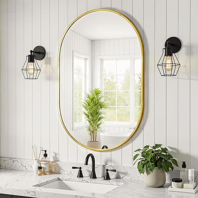 Oval Bathroom Mirror for Wall, 24"x36" Bathroom Vanity Mirror for Over Sink, Bedroom, Living Room, Entryway, Metal Frame with HD Shatterproof Glass, Wall Mounted Horizontally or Vertically (Gold)