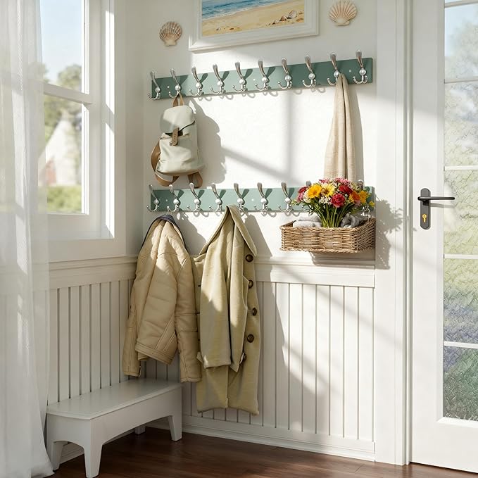 SKOLOO Creations Forest Green Solid Wood Wall Mounted Coat Rack, 10 Hooks, 38-1/8" Long - Kitchen, Mudroom, Entryway, Bathroom - Includes Mounting Hardware, Wall Coat Hanger, Towel Rack