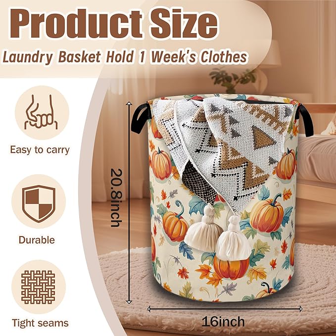 Thanksgiving day Laundry Baskets,Autumn Pumpkins Flowers Leaves Laundry Hamper,Storage Basket with Handles for Bathroom Bedroom College Dormitory Living Room Nursery Organizer 16"x20.8"