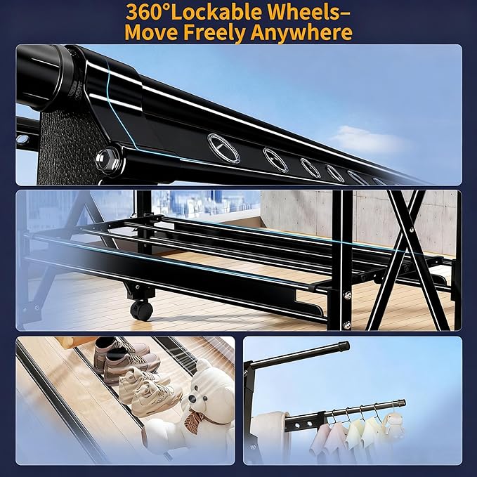 Double Rod Foldable Extendable Rolling Clothes Drying Garment Rack with Wheels, Heavy Duty Adjustable Freestanding Metal Clothes Rack for Indoor Outdoor Balcony Laundry, Black