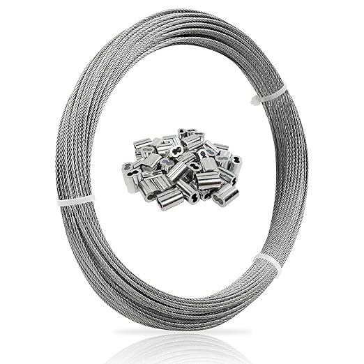 1/16 Wire Rope, 100FT 304 Stainless Steel Cable with 50Pcs Crimp Sleeves, Aircraft Grade, 7x7 Strand, 368lbs Breaking Strength, for Garden Trellis, Clothesline, Railing,Trellis