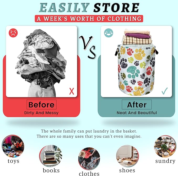 Colorful Dog Paw Laundry Basket With Handles Oxford Cloth Tote Bag Animal Laundry Hamper 18.9" x 16.5" Foldable Clothes Storage Bucket Toy Organizer For Bathroom/Laundry/Bedroom