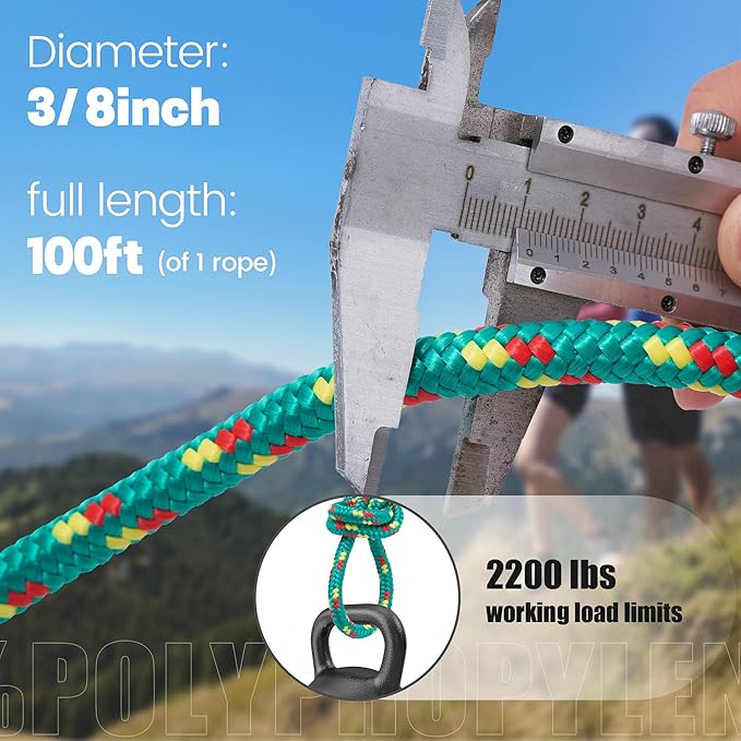 100 ft 3/8 Inch Diamond Braided Polypropylene Rope, Poly Clothesline, Boat Rope, All-Purpose Utility Cord Tie Down Ropes for Craft Marine Boat Camping Indoor Outdoor, Green, 2 Pack