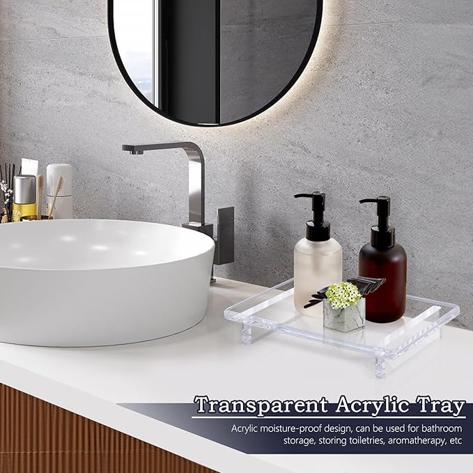 Acrylic Bathroom Counter Tray : 2-Pack Clear Acrylic Sink&Countertop Pedestal Tray Set – Multi-Purpose Waterproof Counter Organizer, Soap Holder & Plant Display Base (Large 9 x 5.9 x 1.5 inches)