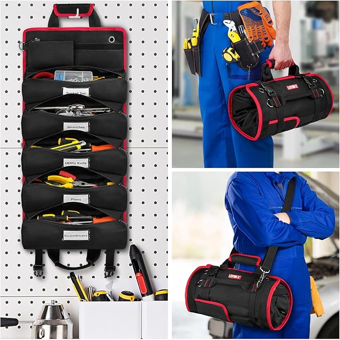 Tool Bag,Large Roll Up Tool Bag Organizer,13 Pockets Tool Roll Storage Pouch,Heavy Duty Portable Tool Storage Carrier Bag for Men,Mechanic,Electrician & Hobbyist,Black/Red