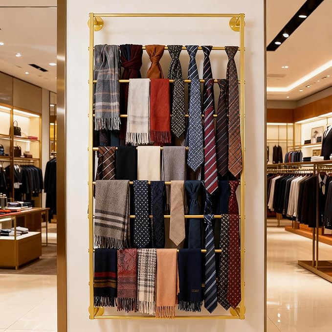 10-Layer Wall Mounted Display Rack, Tie & Scarf Rack Belt Towel Holder Wrapping Paper Ribbon Organizer Metal Shelving Scarves Belts Necktie Hijab Stand for Home, Retail Stores, Flower Shop