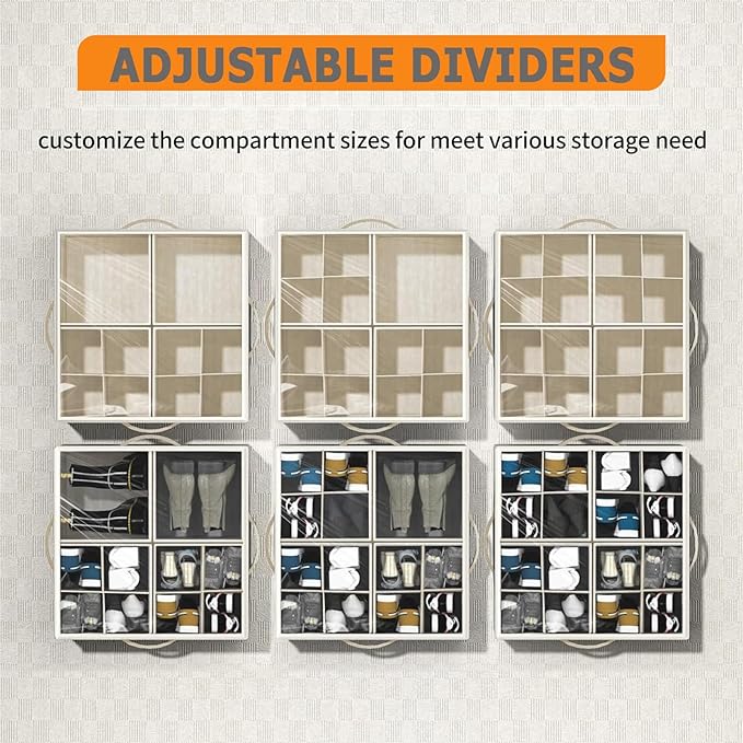 Leosoria Shoe Organizer for Closet, Foldable Shoe Storage Organizer Box Bin with Adjustable Dividers and Clear Cover, Fits up to 16 Pairs (Beige)