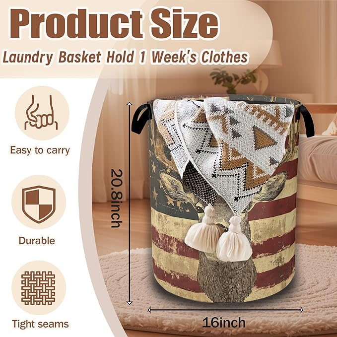 Laundry Hamper,American Flag Deer Laundry Baskets,Waterproof Oxford Cloth Toy Storage for Bedroom,Bathroom,Nursery,16x20.8 Inch