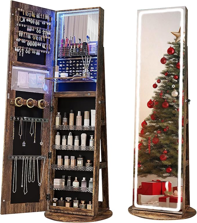 CHARMAID Swivel LED Mirror Jewelry Cabinet Armoire, Full Length Mirror with Storage, 3 Color & Adjustable Lights, Lockable Standing Jewelry Organizer with Lighted Mirror (Rustic Brown)