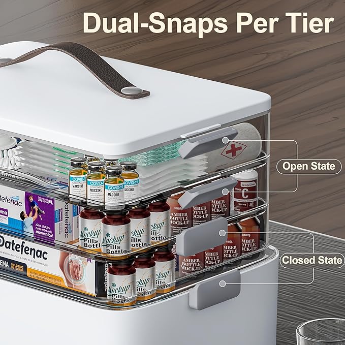 CTIME 4-Tier XL Medicine Organizer with Leather Handle - Portable Pill Case & Empty First Aid Kit for Home, Travel, RV, School, Dorm | Ideal Elderly Gift