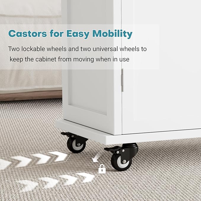 Rolling Ironing Board with Storage Cabinet, Small Ironing Table with Fixed Heat-Resistant Pad, Craft Table with Storage Shelves for Small Spaces, Laundry and Craft Rooms (White Non-Foldable)