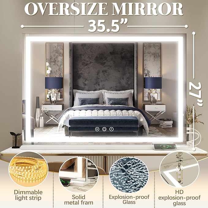FENNIO Large Vanity Mirror with Lights，35.5" x 27" LED Makeup Mirror，Hollywood Mirror with 3 Color Modes & Adjustable Brightness，Vanity Mirror Square White