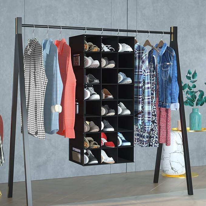 coastal rose Hanging Shoe Organizer for Closet, 24 Sections Shoe Holder Hanger Rack, Space-Saving Shoe Organizers and Storage, Black